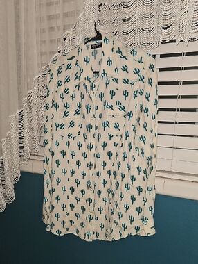 Wrangler Retro Cactus Print Shirt in Teal on Cream